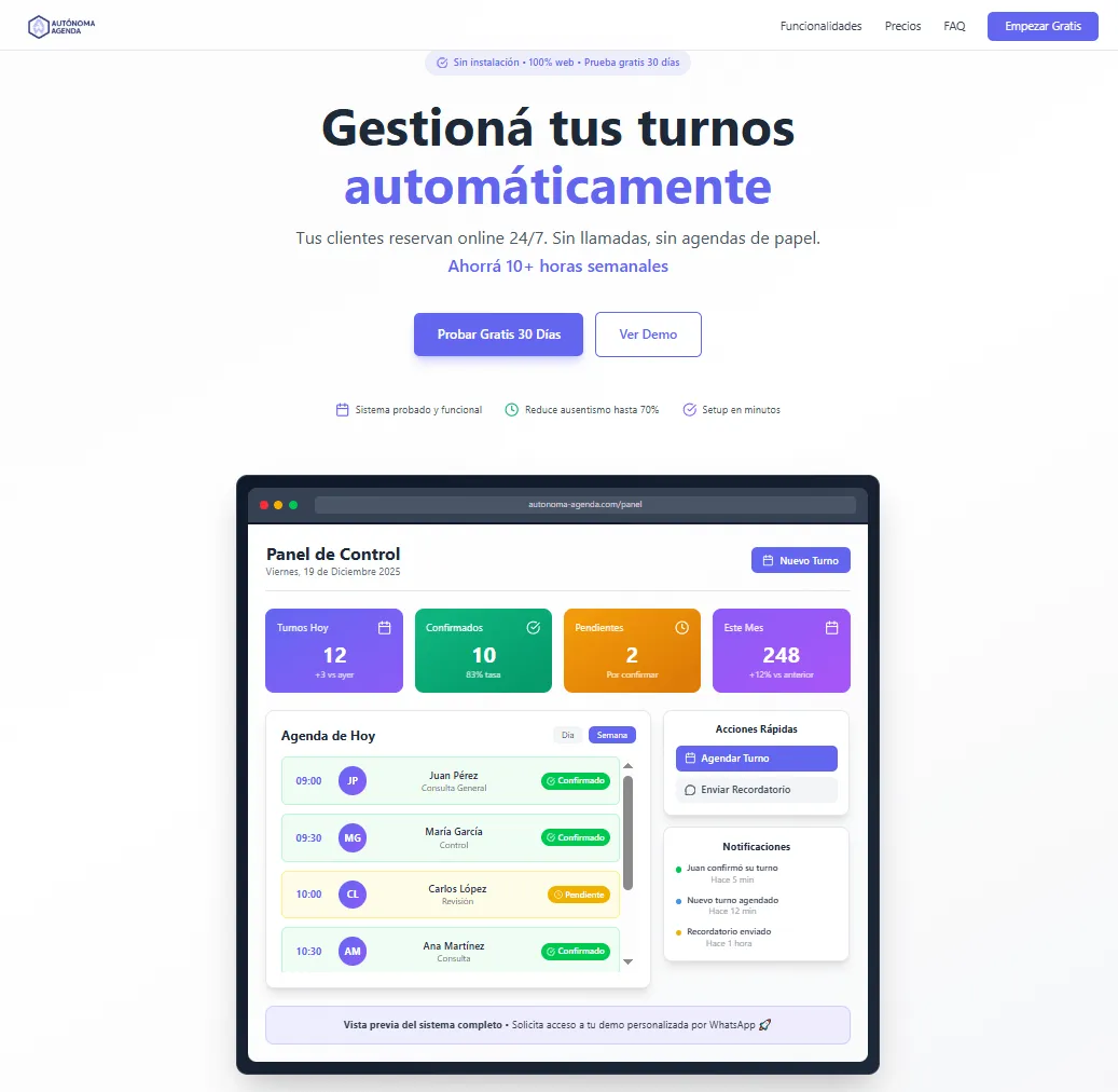 Hero y panel de control de Autónoma Agenda, con turnos del día y notificaciones